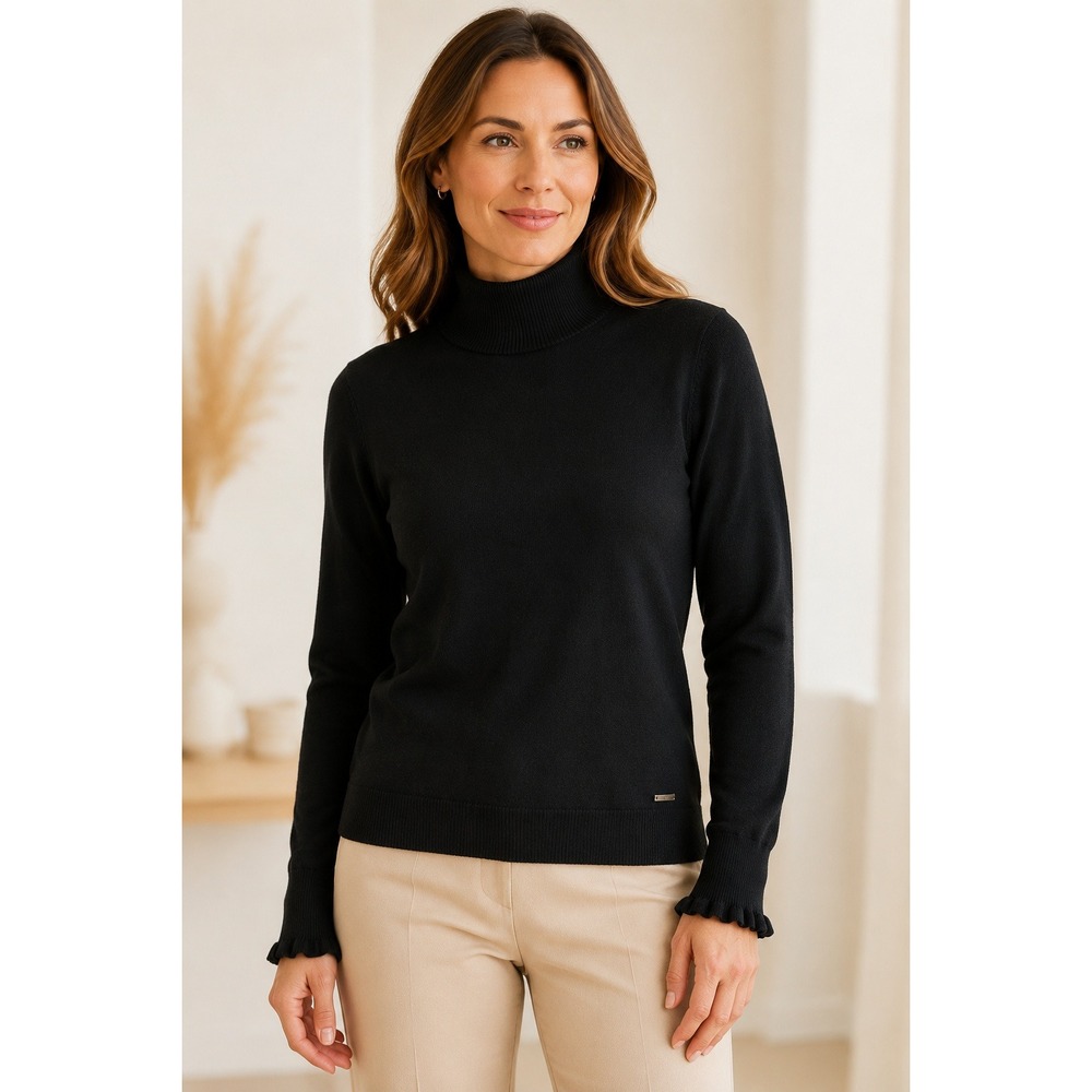 Joules Mock Neck Ruffle Cuff Sweater Black Women 4 Dark Academia Chic Minimalist